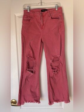 Risen High Rise Nevie Pink Coral Distressed Jeans Frayed Hem High Rise Size 29